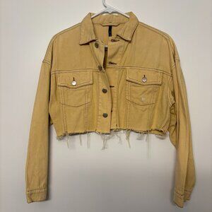 Tic Toc Cropped Yellow Denim Jacket with Raw Hem